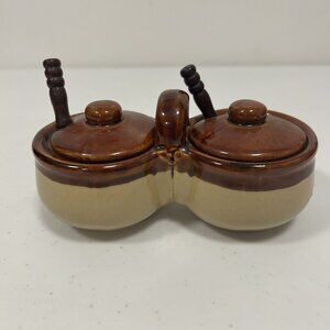 Condiment Relish Double Bowl with Lids and Spoons Vintage Brown Stoneware